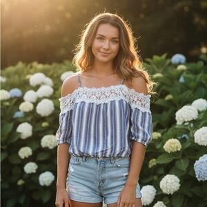 Hollister Boho Striped Lace Cold Shoulder Top Blue/White